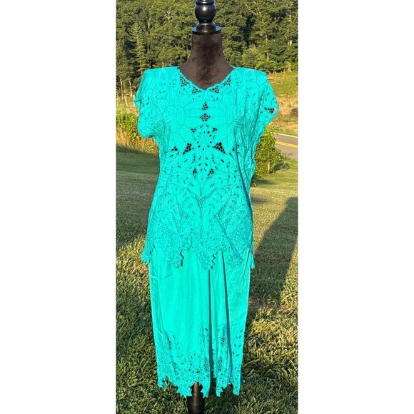 Blue Sky Handcrafted Bali 2Pc Turquoise Embroidered Lace Top Maxi Skirt Set Vtg - Picture 1 of 11
